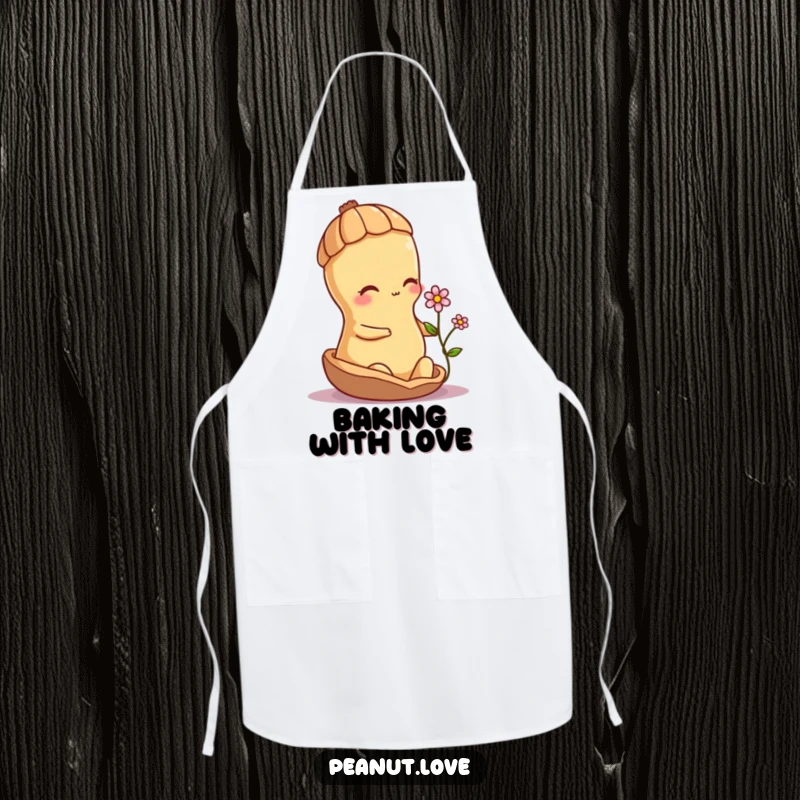 Funny shy peanut character offering a small flower from its shell, featured on a practical and sweet kitchen apron.