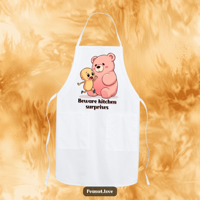 Funny apron showcasing a startled peanut character about to trip over a giant gummy bear, perfect for cooks who enjoy adding humor to their kitchen adventures.