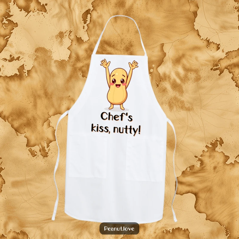 Funny apron featuring a peanut character with arms raised in a comical, celebratory pose, perfect for kitchen fun.