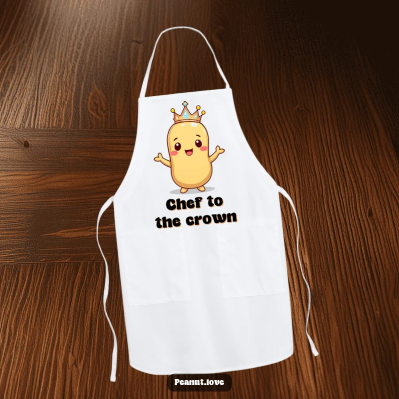 Funny Happy Peanut Crown Apron: A smiling peanut offers a tiny sparkling crown. Royal chef accessory, funny gift.
