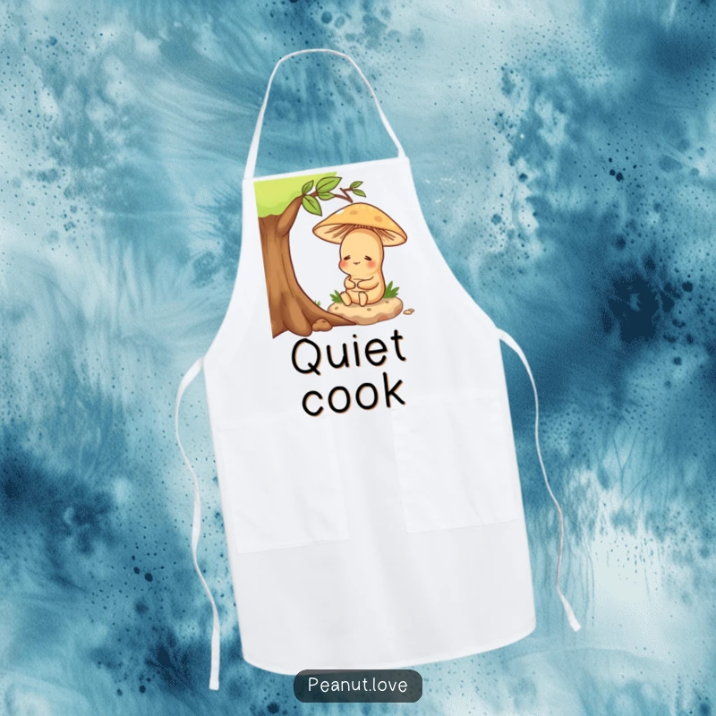 Funny apron depicting a content peanut character sitting peacefully under a mushroom, ideal for a humorous cooking experience.
