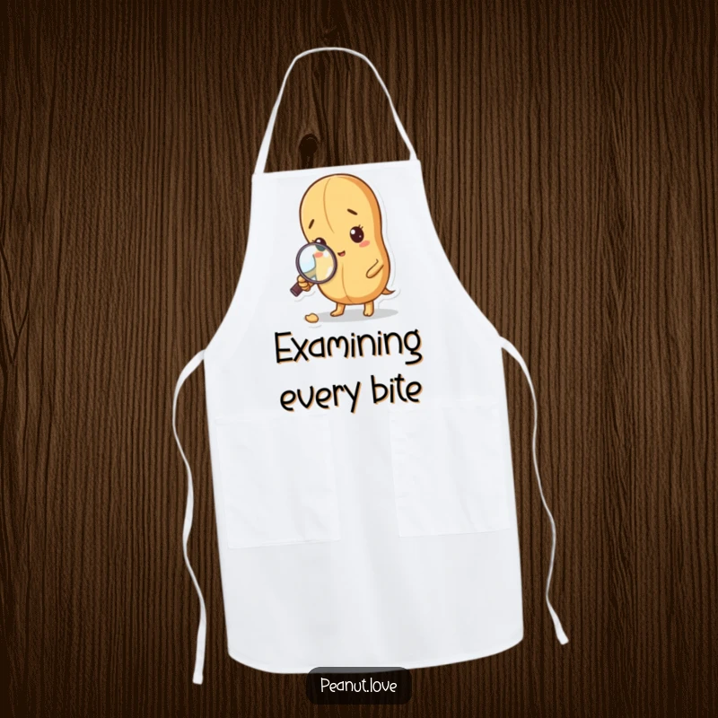Funny Curious Peanut Apron: A peanut with a magnifying glass inspects a crumb. Detective kitchen wear, funny gift.