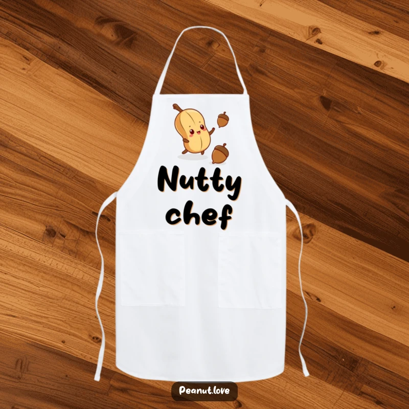 Funny apron depicting a determined kawaii peanut reaching for a falling acorn, ideal for a humorous cooking experience.