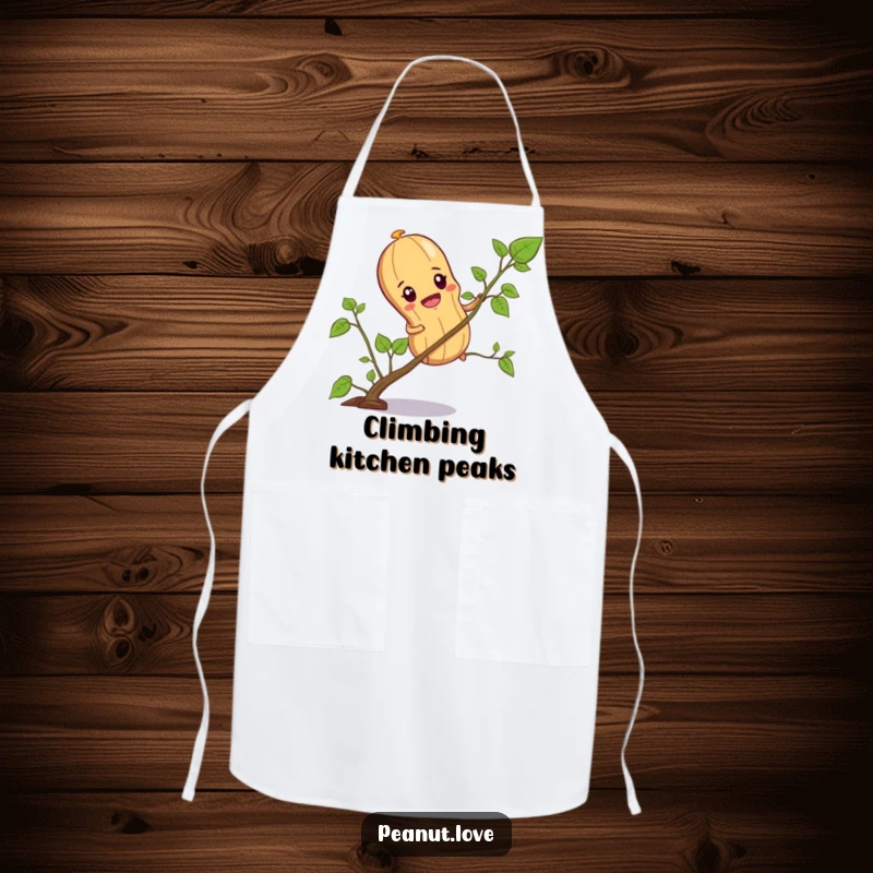 Funny apron showcasing a determined peanut character climbing a small vine, perfect for a kitchen full of nutty ambition.