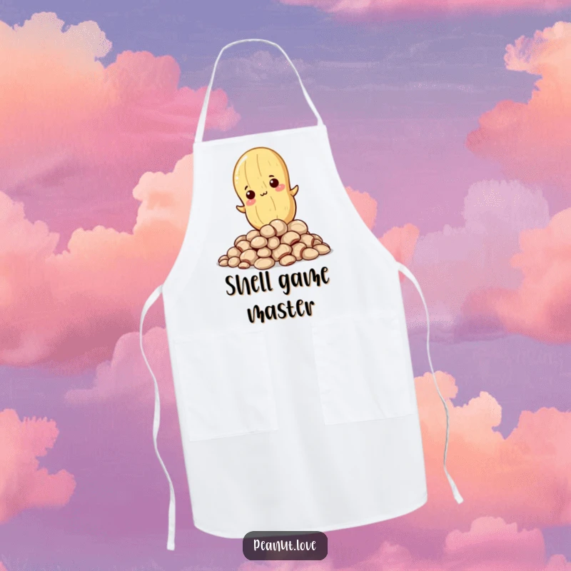 Funny cooking apron with a determined Kawaii peanut climbing shells, perfect for the ambitious home cook.