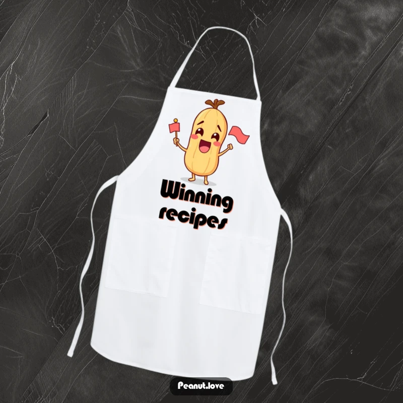 Funny apron showing a thrilled peanut character energetically waving a small flag, perfect for festive cooking.