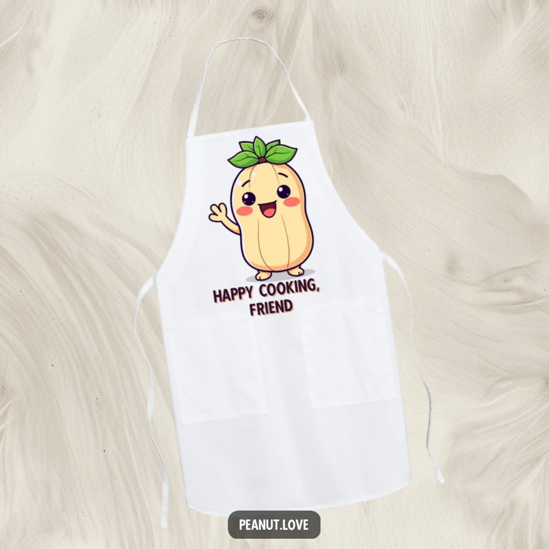 Funny cooking apron with a smiling Kawaii peanut character waving hello, perfect for adding cheer to the kitchen.