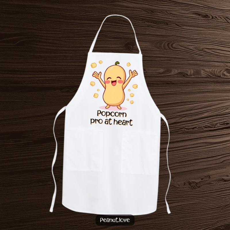 Funny Giggling Peanut Apron: A happy peanut giggling with arms up, amid popcorn. A fun kitchen accessory, funny gift.