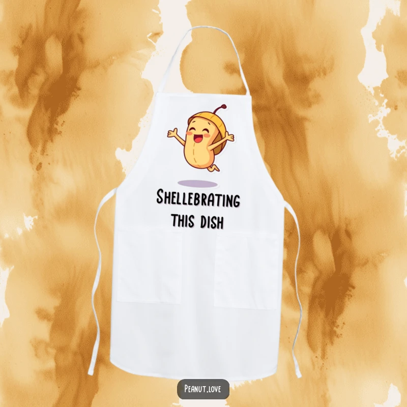 Funny joyful peanut character apron, smiling and jumping with excitement inside a cheerful, nutty shell.