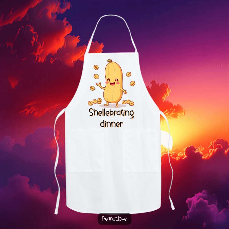 Funny Peanut Juggling Apron: A chef-inspired apron with an anthropomorphic peanut character comically juggling tiny nuts with its shell, ideal kitchen humor, funny gift.