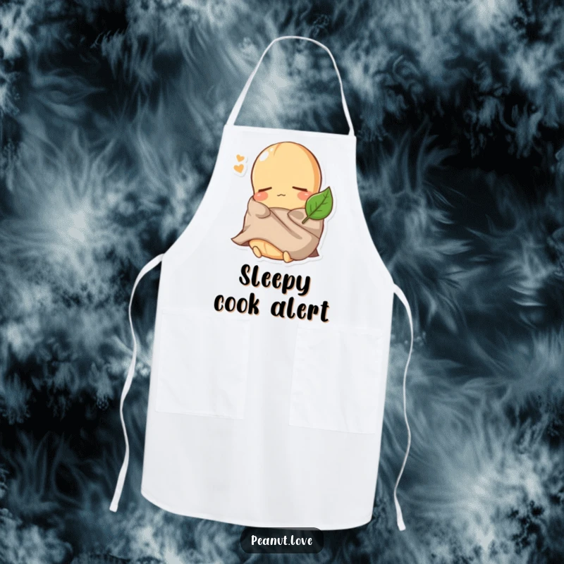 Funny Peanut Apron: A sleepy peanut character is shown comically wearing a leaf as a blanket, perfect for a break in the kitchen.