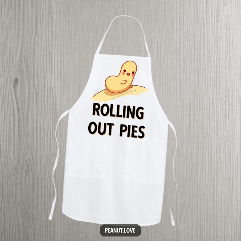 Funny apron showing a playful peanut character rolling down a gentle slope with a happy expression, suitable for kitchens.