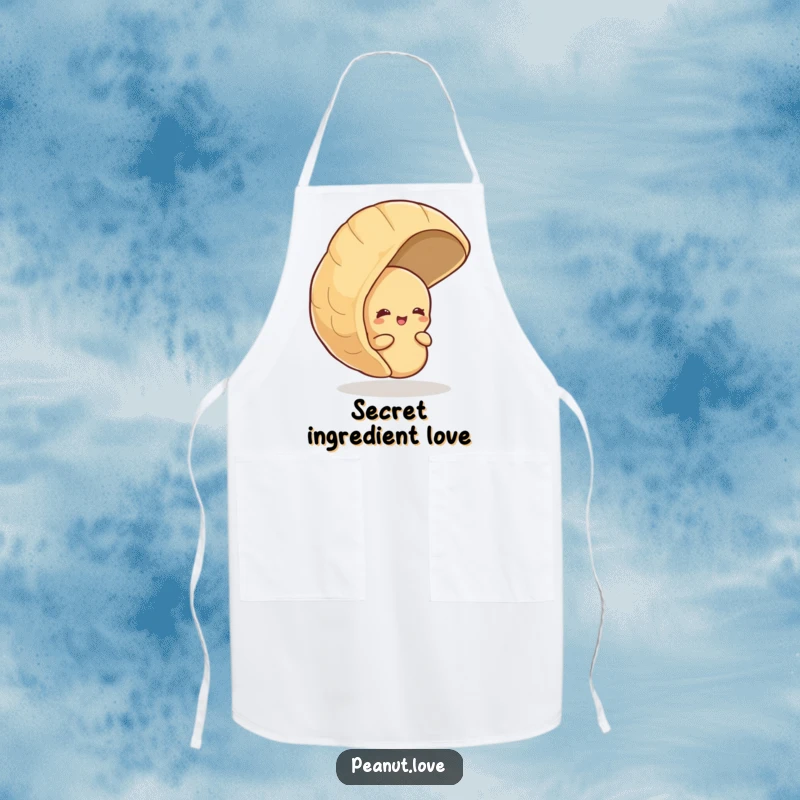 Funny apron with a shy peanut peeking from behind a large peanut shell, with a suppressed giggle, for a humorous cooking experience.