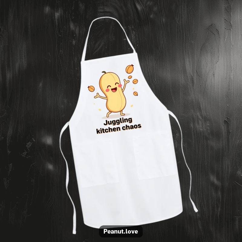 Funny apron showcasing a playful peanut character juggling nuts, perfect for a kitchen full of nutty entertainment.