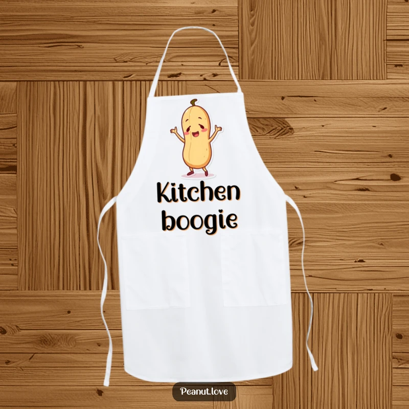 Funny apron depicting a cute peanut character performing a lively and silly dance, ideal for a fun cooking experience.