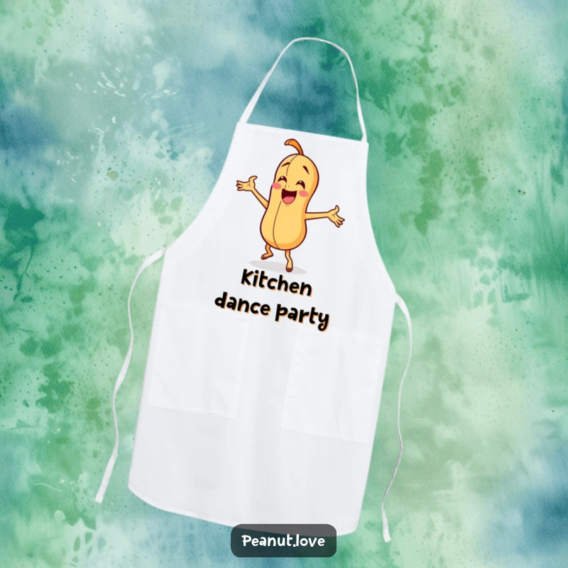 Funny peanut character doing a silly dance with exaggerated arm waves, featured on a practical and amusing kitchen apron.