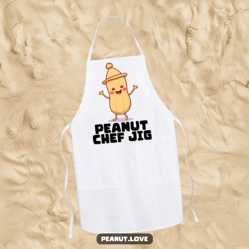 Funny Peanut Jig Apron with a smiling peanut character in a tiny hat doing a joyful jig, perfect for kitchen fun.