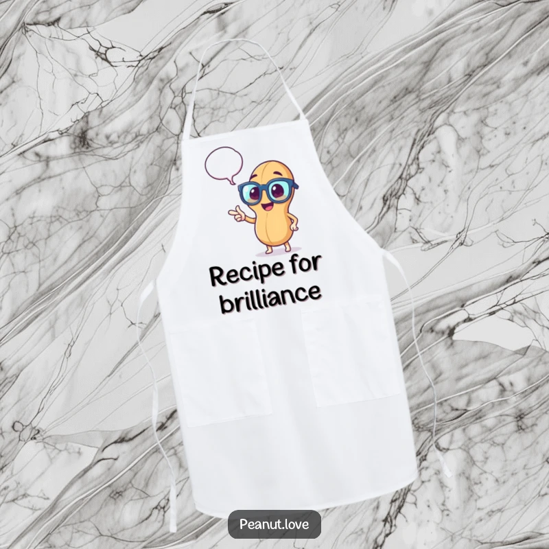 Funny apron with a peppy peanut in oversized glasses, pointing to a thought bubble, bringing smart humor to the kitchen.