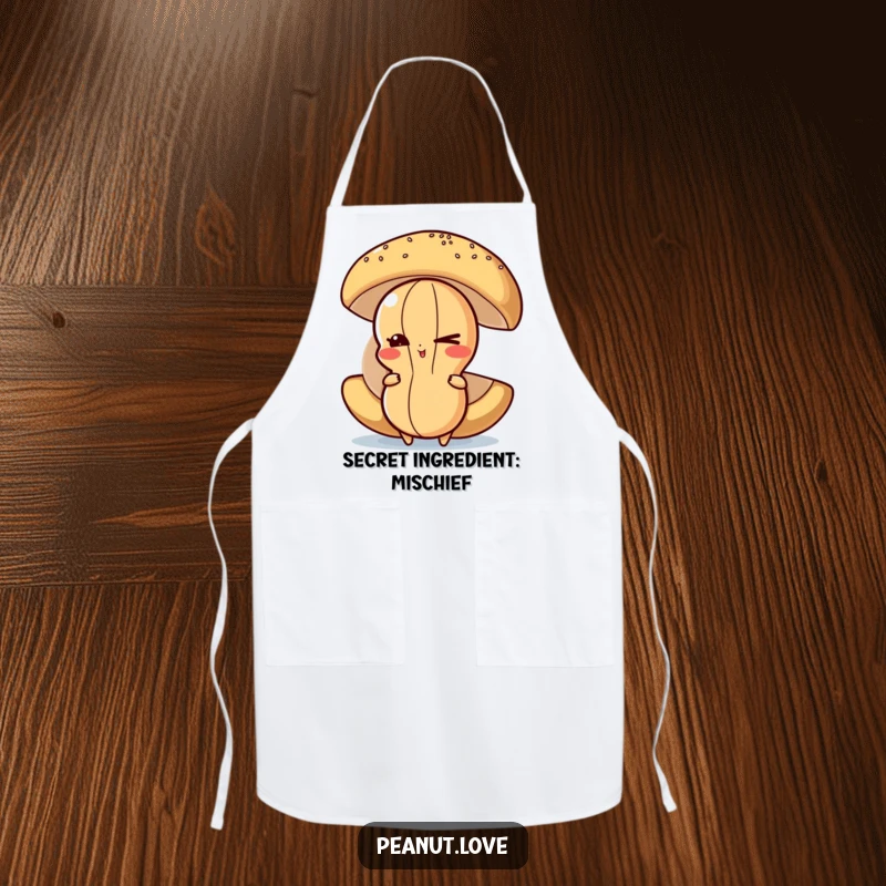 Funny Peanut Apron: A mischievous peanut character winks while hiding behind a large food item, ready to help in the kitchen.