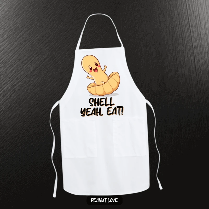 Funny apron showcasing a determined peanut joyfully rolling downhill inside a giant peanut shell, perfect for a humorous cook.