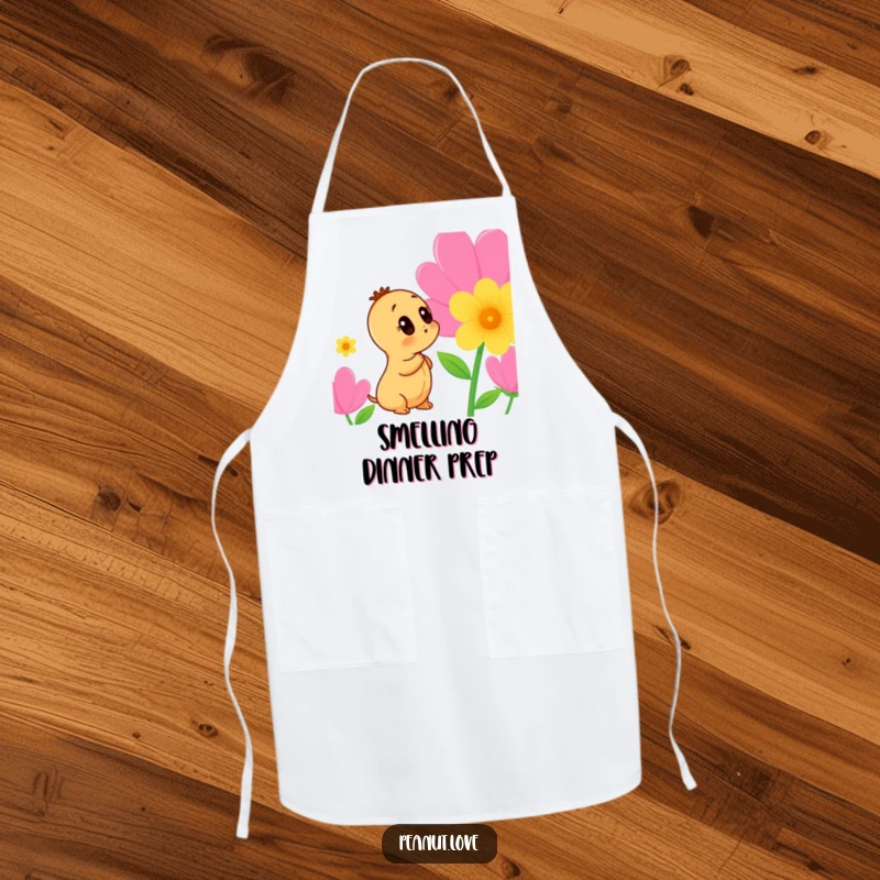 Funny Peanut Apron: A curious peanut character is shown intently sniffing a beautiful flower, ready for gardening tasks.