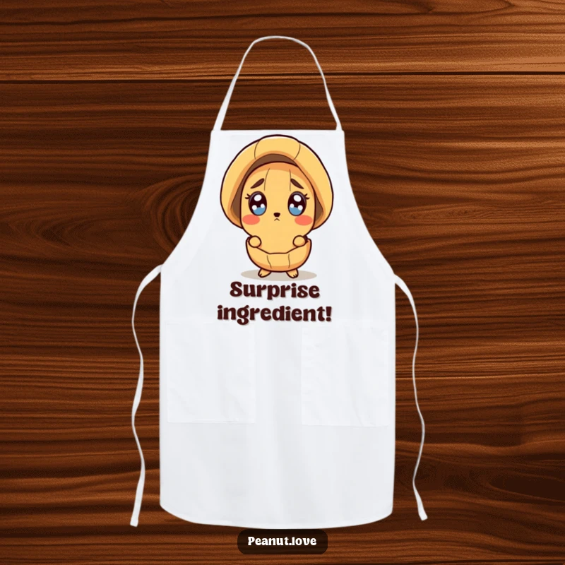 Funny apron showing a surprised peanut character peeking from its shell with wide eyes, suitable for kitchen use.