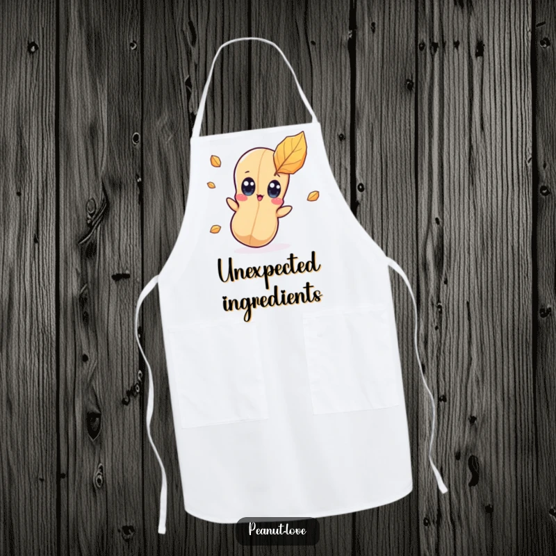 Funny kawaii peanut character apron showing wide eyes surprised by a falling leaf, perfect for kitchen fun.