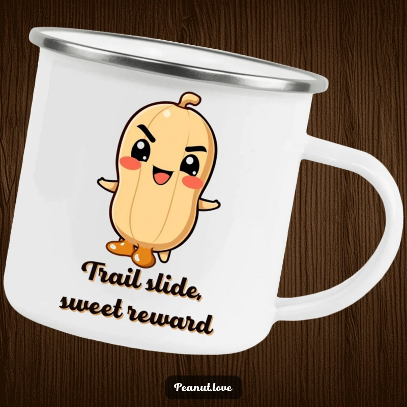 Funny Camping Mug featuring a Peanut Character with Mischievous Grin Sliding Down a Caramel Swirl, Ideal for Outdoor Fun