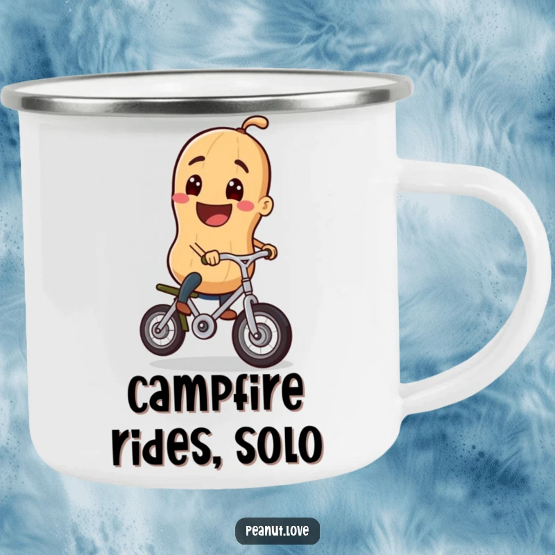Funny camping mug showcasing a grinning peanut character riding a tiny unicycle, perfect for adding humor and amusement to outdoor activities.