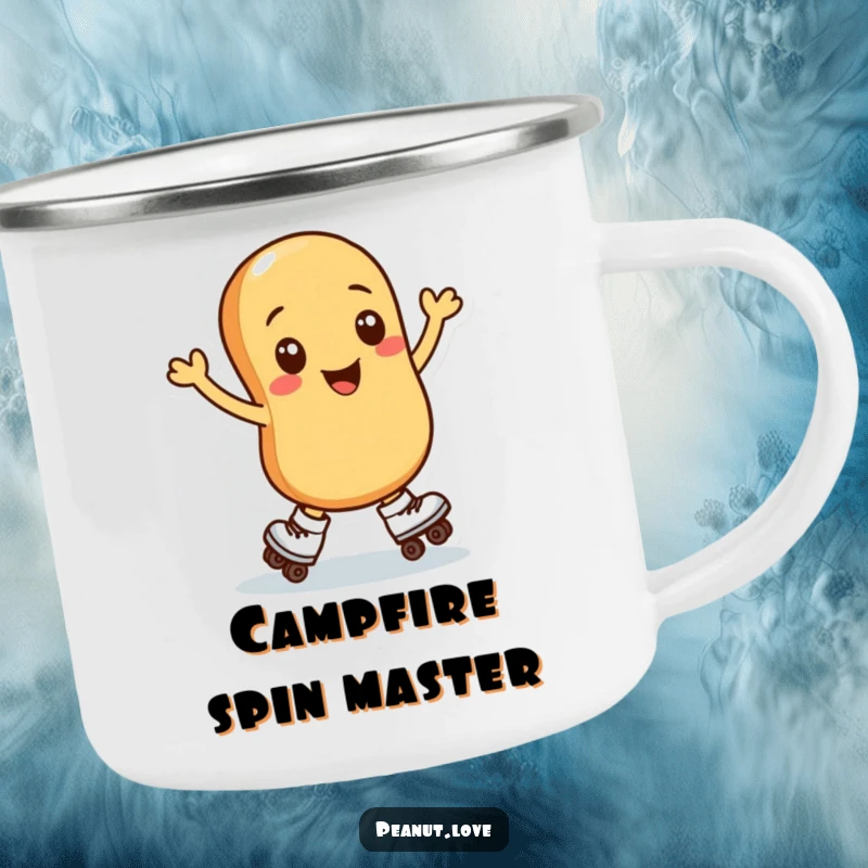 Funny camping mug showing a peanut character spinning on roller skates, ideal for outdoor enjoyment and nutty fun.