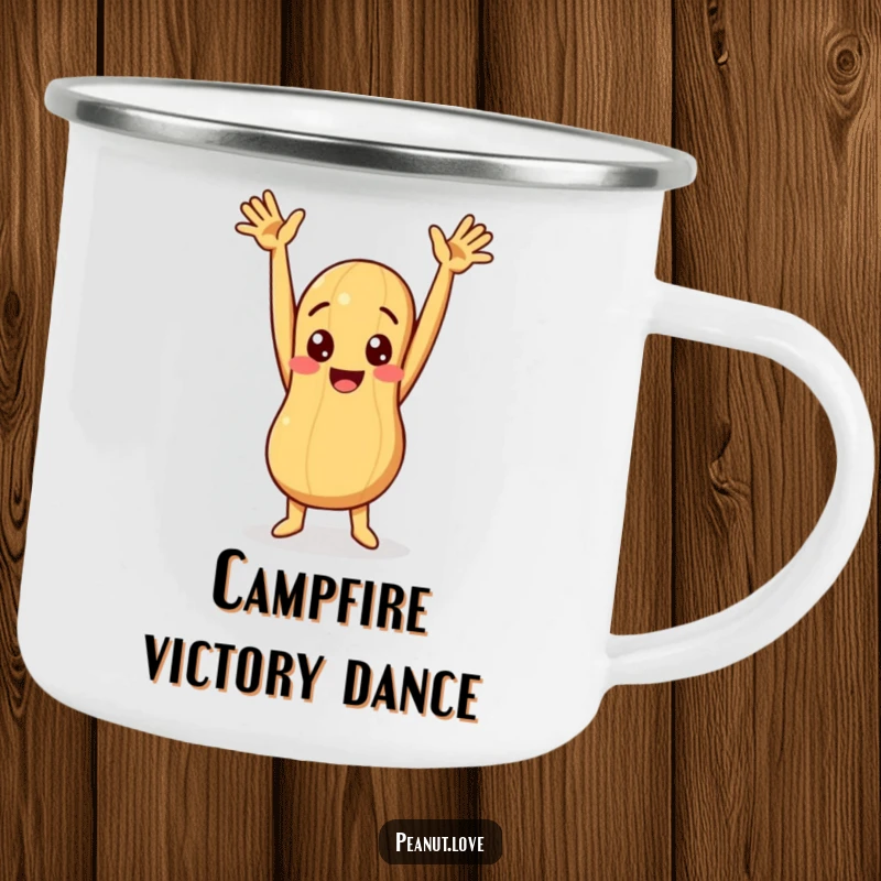 Funny camping mug featuring a peanut character with arms raised high in a comical, celebratory pose.