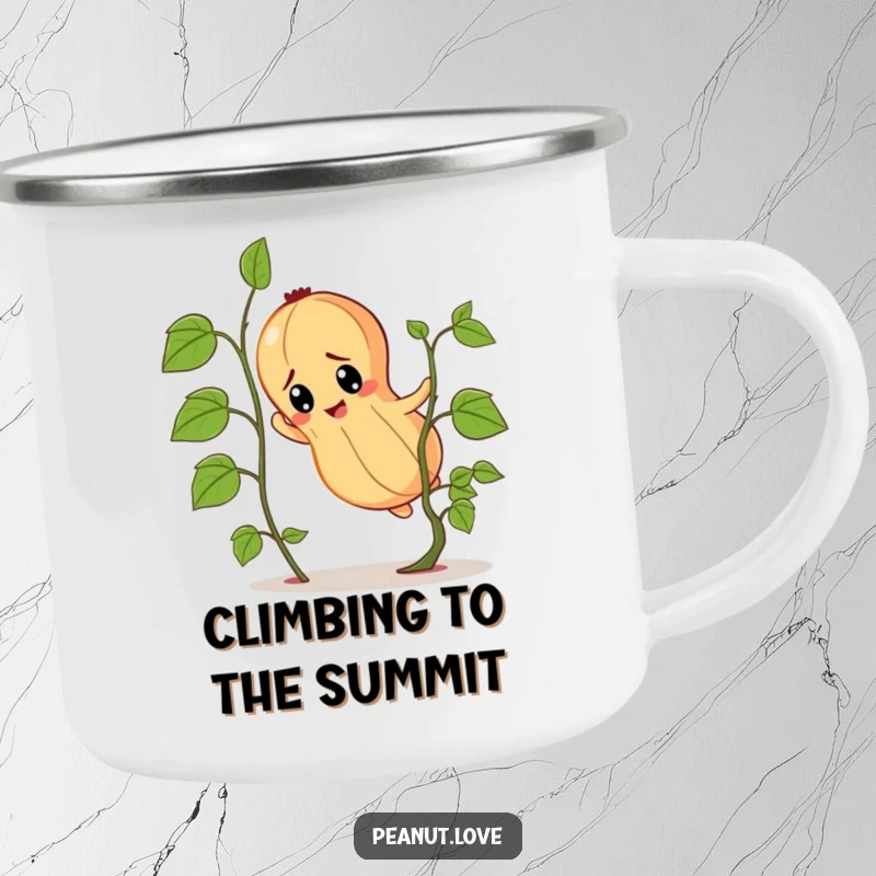 Funny determined peanut character camping mug, climbing a tiny vine with grit, ready for the wild.