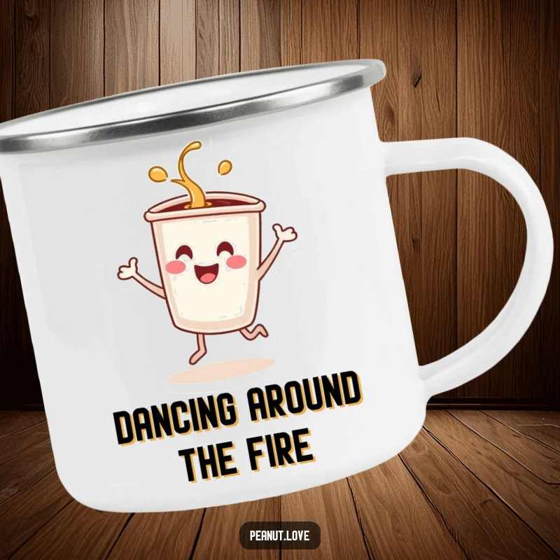 Funny camping mug of a smiling coffee cup character dancing energetically and spilling.