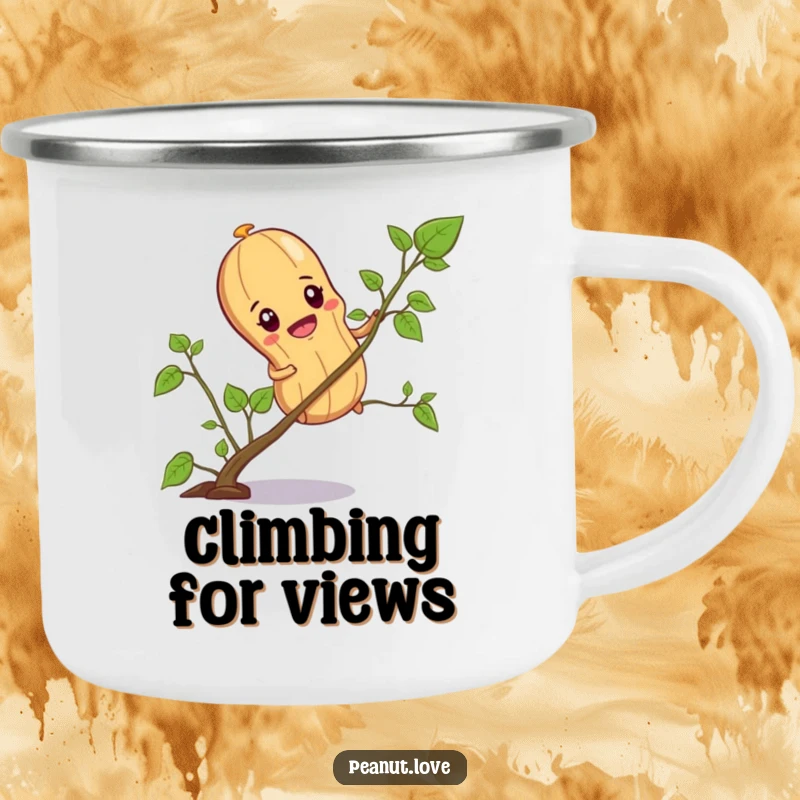 Funny camping mug showing a determined peanut character climbing a tiny vine, perfect for nutty outdoor achievements.