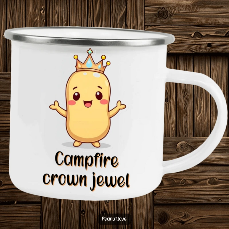 Funny Happy Peanut Crown Camping Mug: A smiling peanut offers a tiny sparkling crown. Outdoor regal charm, funny gift.