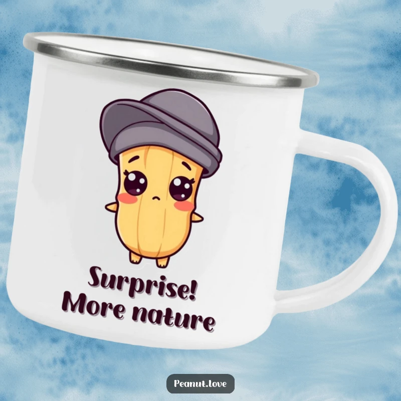 Funny camping mug showing a Kawaii peanut character with popping eyes, perfect for surprising moments outdoors.