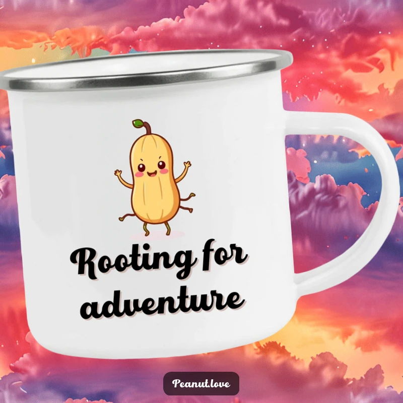 Funny Kawaii peanut camping mug showing a cute character with root legs doing a silly dance, ready for outdoors.