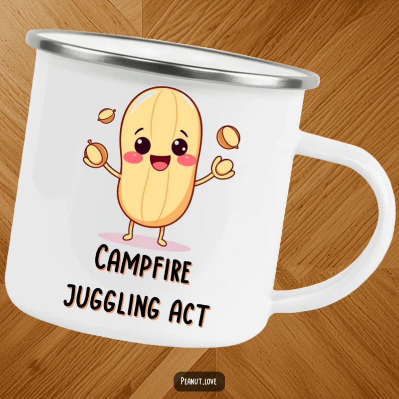 Funny camping mug showcasing a cute kawaii peanut character grinning while juggling three small nuts, adding fun to outdoor trips.