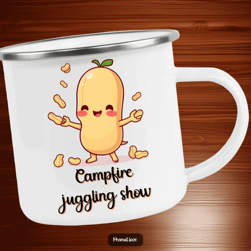 Funny enamel camping mug with a happy Kawaii peanut juggling, ready for outdoor fun and laughter.