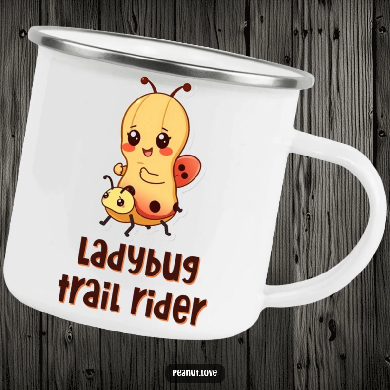 Funny camping mug featuring a kawaii peanut character riding a ladybug, perfect for cheerful outdoor moments and gifting.