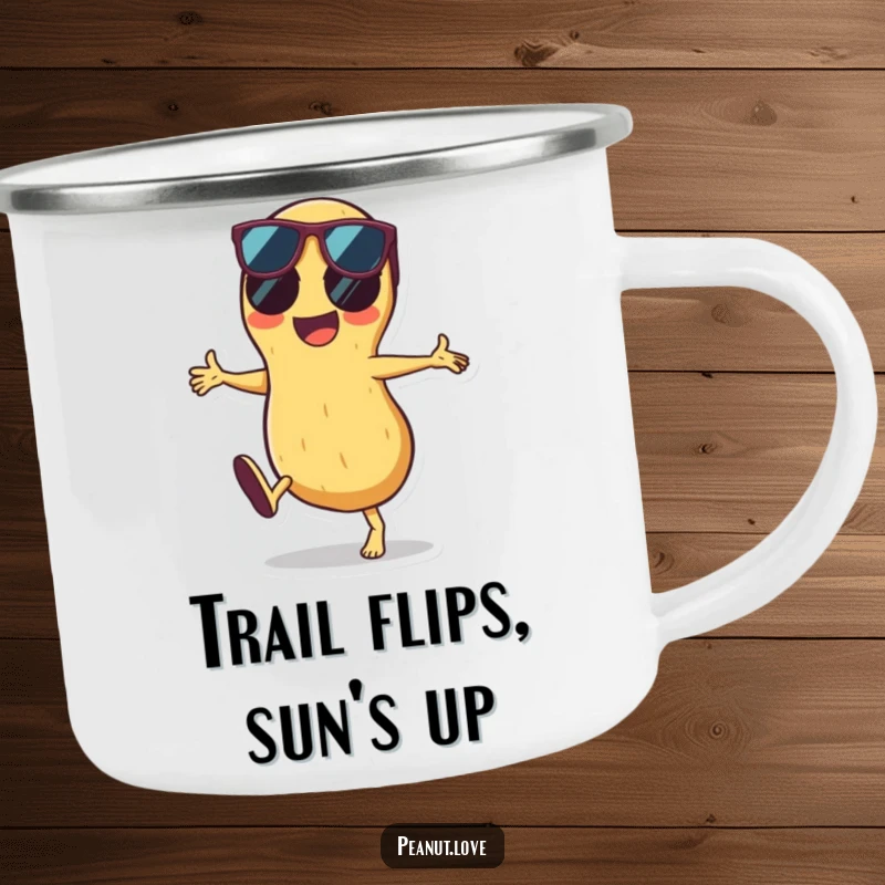 Funny camping mug with a cool peanut doing a cartwheel and wearing sunglasses, bringing laughter and joy to outdoor escapades.