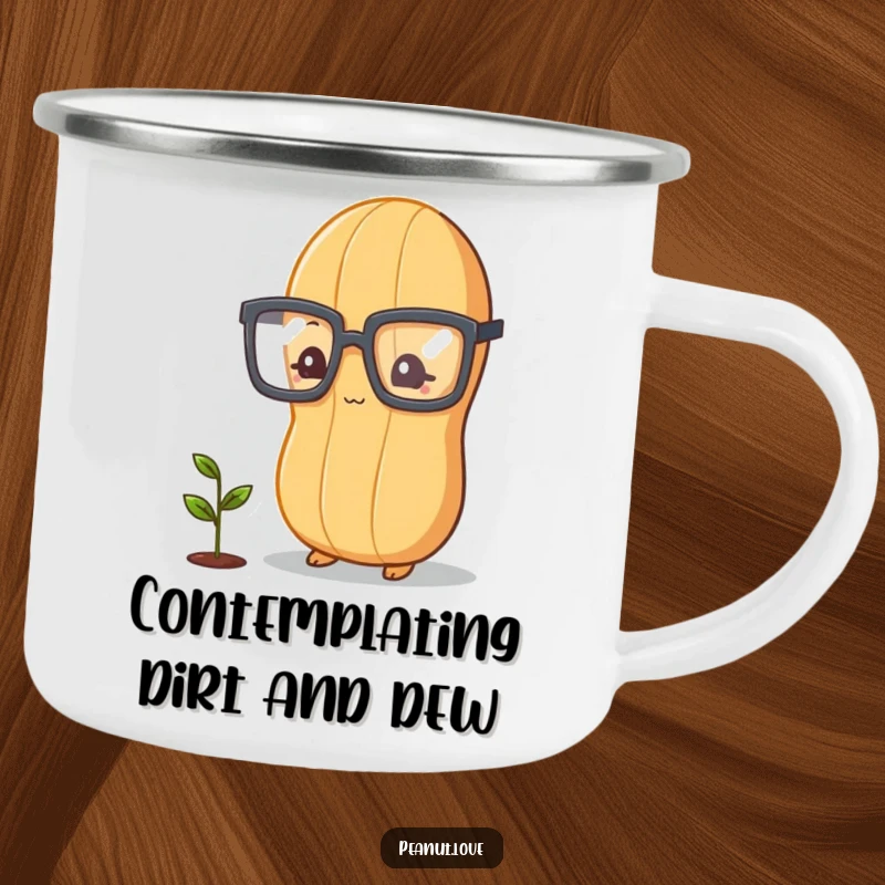 Funny peanut character with glasses, observing a tiny sprout outdoors, durable and humorous camping mug.