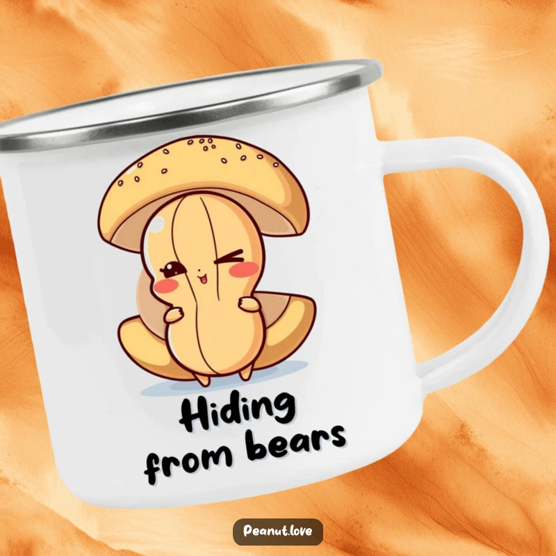 Funny Peanut Camping Mug: A mischievous peanut character winks while hiding behind food, ready for your next outdoor brew.