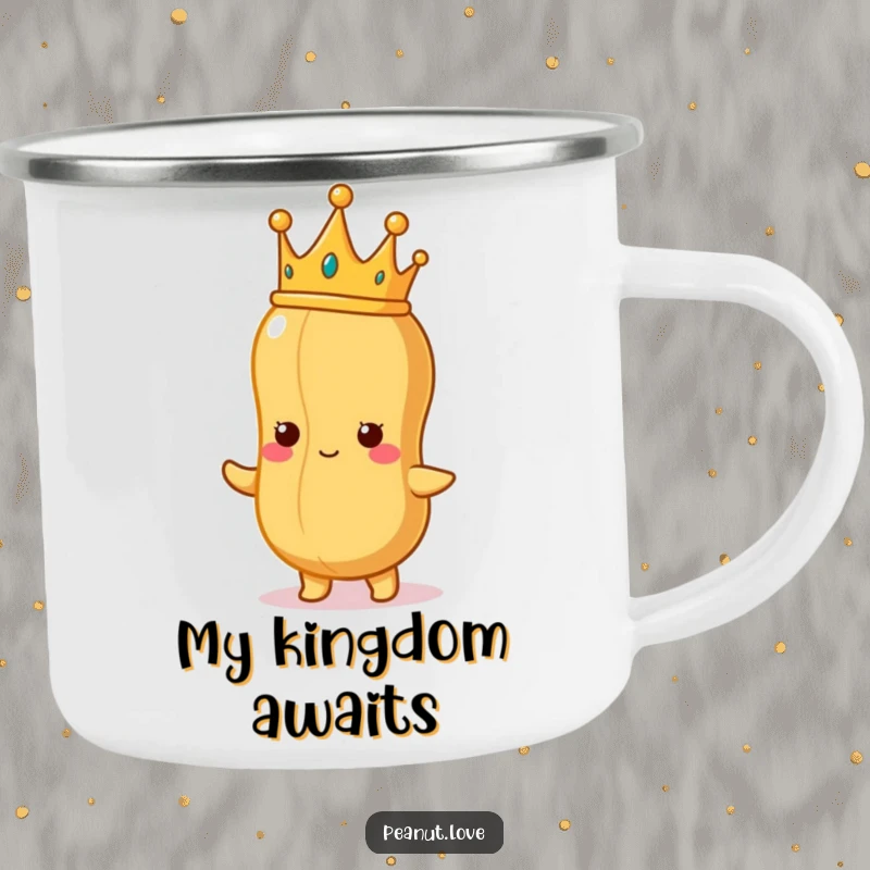 Funny Peanut King Camping Mug: A proud peanut wearing a crown, holding a perfect peanut, ready for funny, regal, and rugged outdoor sips.