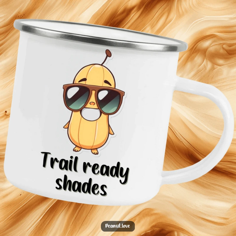Funny peanut character in oversized sunglasses, grinning widely, on a durable camping mug for outdoor enjoyment.