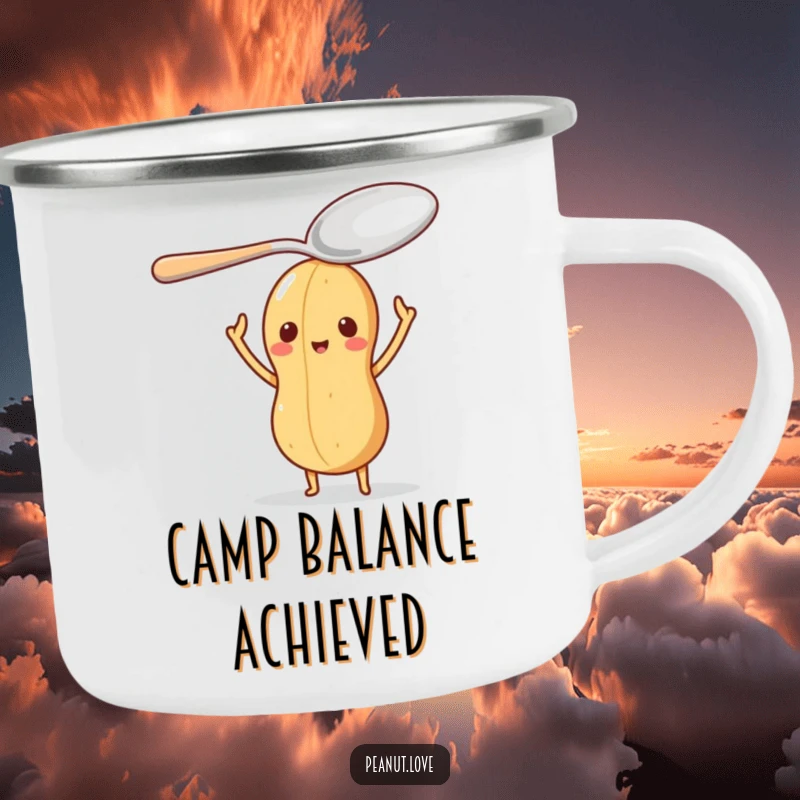 Funny camping mug showing a peanut character balancing an oversized spoon on its head, perfect for focused adventures.