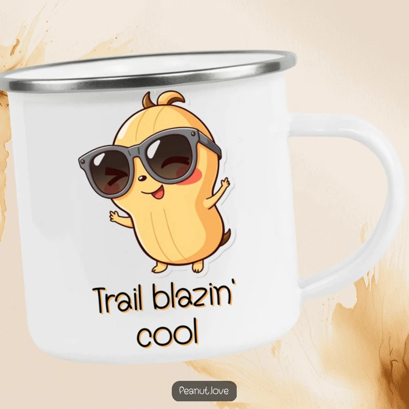 Funny playful peanut camping mug featuring a winking character in oversized sunglasses, perfect for cool outdoor moments, a funny gift.