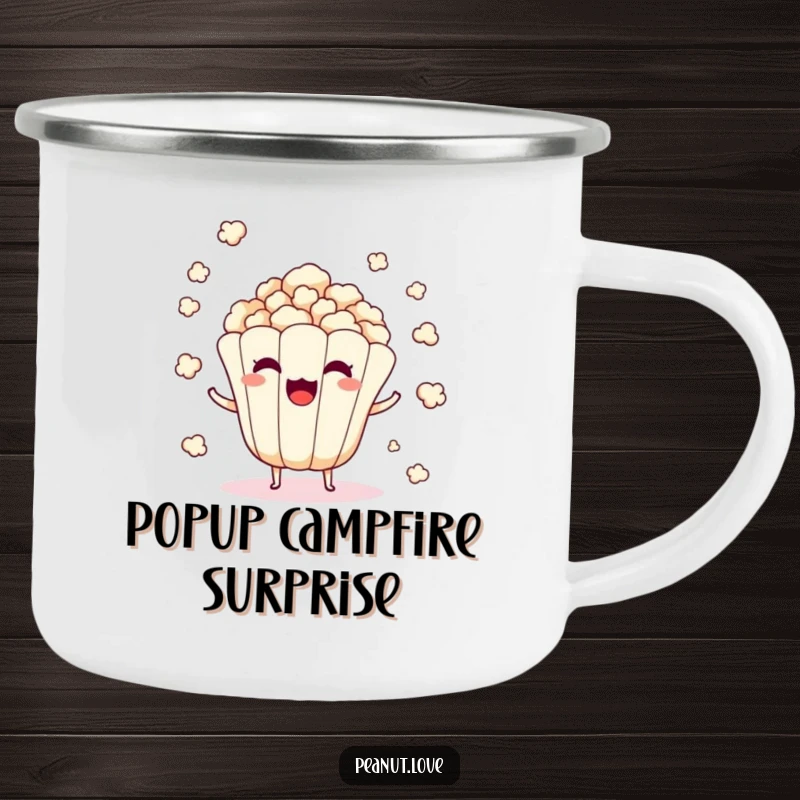 Funny camping mug of a surprised popcorn kernel character popping and scattering.