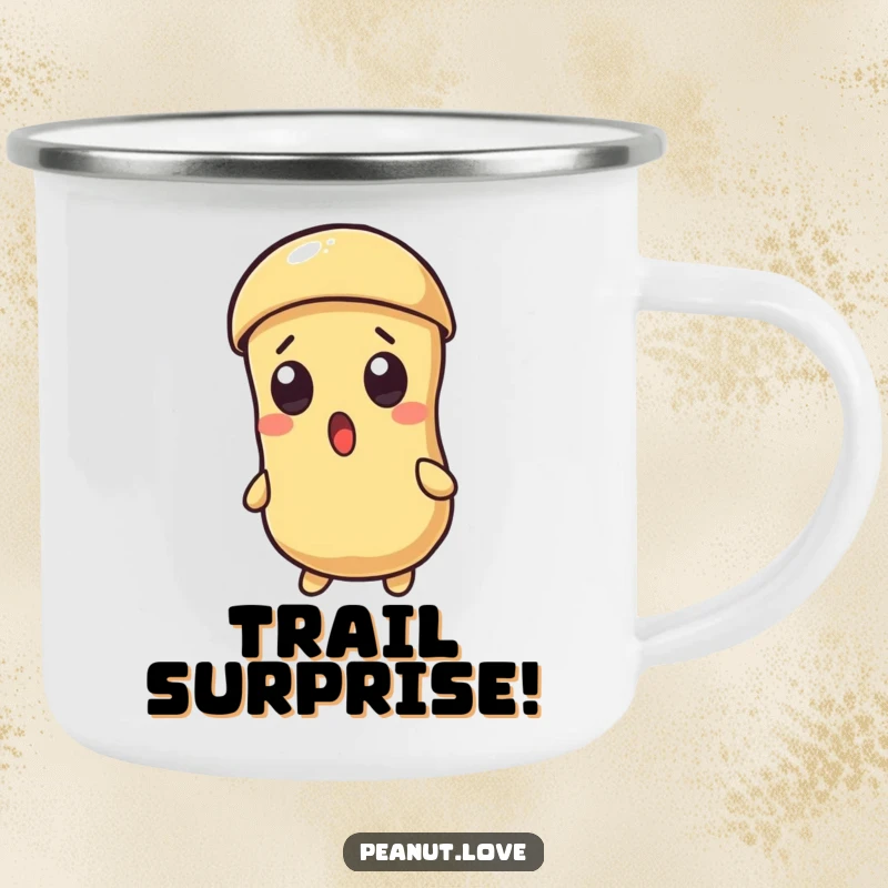 Funny enamel camping mug with a surprised Kawaii peanut character and a cracking shell, built for adventure and laughs.