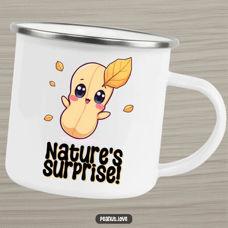Funny kawaii peanut character camping mug featuring wide eyes looking surprised by a falling leaf, perfect for outdoor enjoyment.